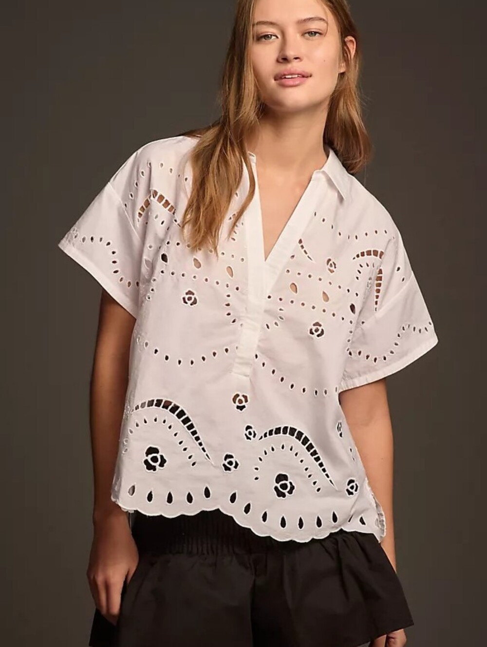 Anthropologie Maeve  White Eyelet Popover Top